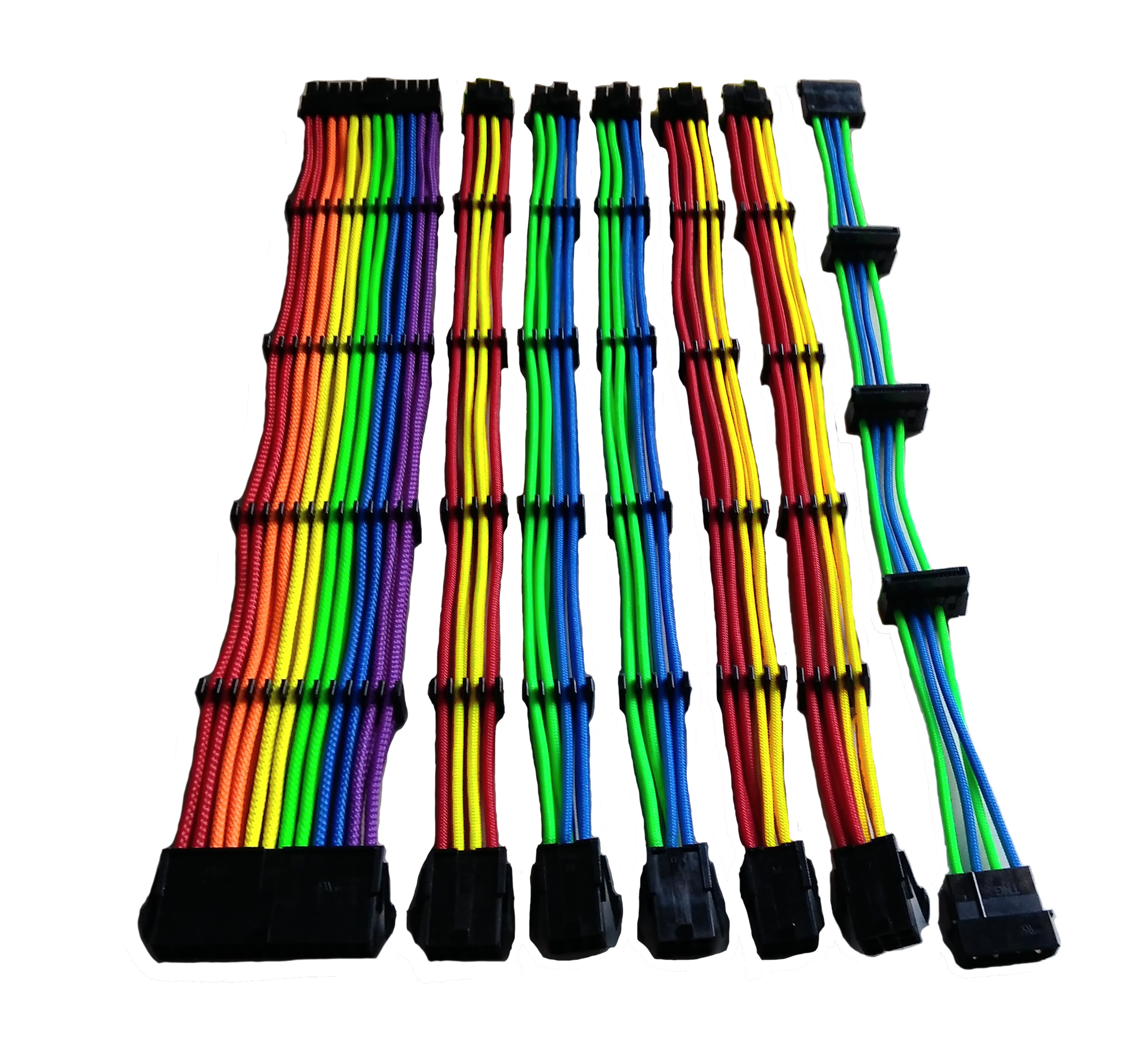 Set 7 prolunghe da 30 cm nylon rainbow: 24pin, 4+4pin, 4 x pci-e 6+2, 4 x sata