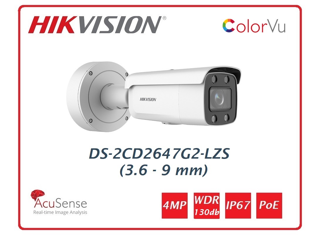Telecamera Hikvision Easy IP 4.0 ColorVu AcuSense 4MP Bullet Varifocal (3.6-9mm) DS-2CD2647G2-LZS