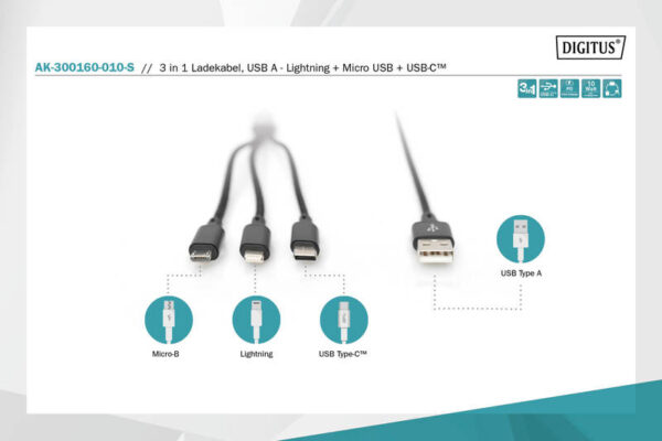 DIGITUS CAVO DI RICARICA 3 IN 1, USB A, LIGHNING + MICRO USB + USB-C