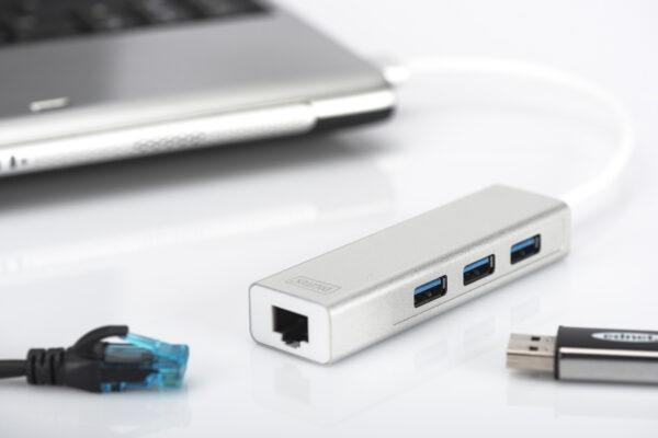 HUB A 3 PORTE USB 3.0 E ADATTATORE LAN GIGABIT DIGITUS