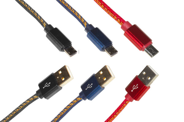 KIT 3 CAVI PIATTI MICRO USB GUAINA JEANS MT 1 FINO A 2 AMPERE COLORI ROSSO, NERO, BLU DENIM