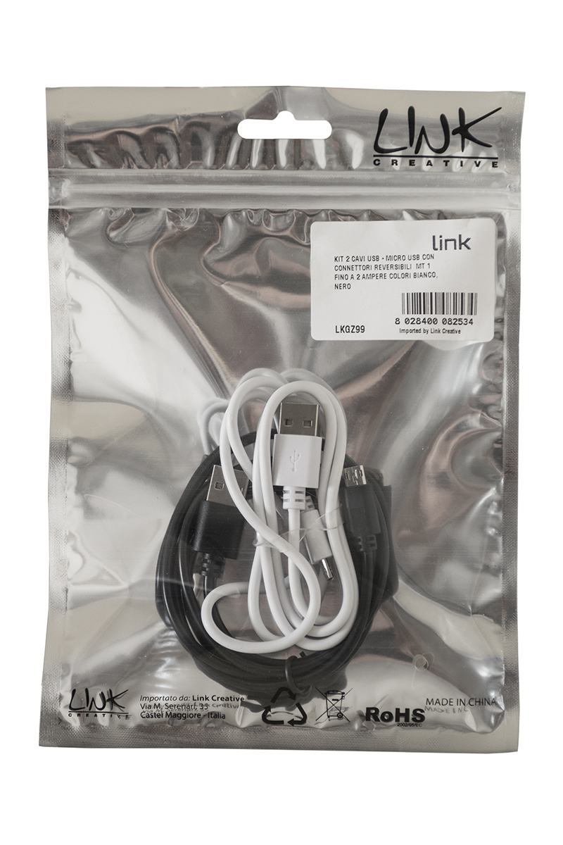 KIT 2 CAVI USB – MICRO USB CON CONNETTORI REVERSIBILI  MT 1 FINO A 2 AMPERE COLORI BIANCO, NERO