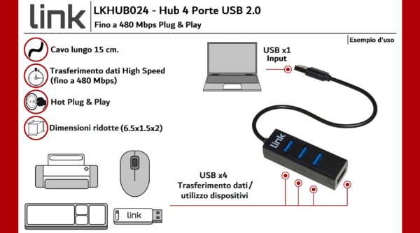 HUB 4 PORTE USB 2.0 CON CAVO 15 CM