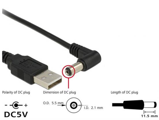 CAVO DI ALIMENTAZIONE USB DC 5,5 X 2,10MM 90° 1,5 MT