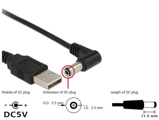 CAVO DI ALIMENTAZIONE USB DC 5,5 X 2,50MM 90° 1,5 MT