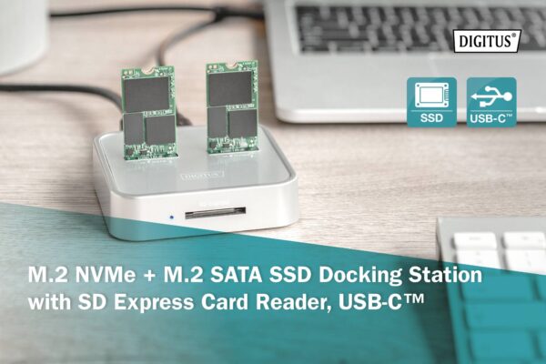 DIGITUS Docking station SSD M.2 NVMe + M.2 SATA con lettore schede SD-Express, USB-Cª
