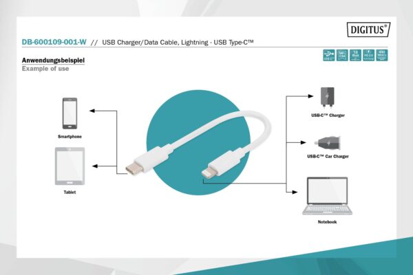 DIGITUS Adattatore da Lightning a cavo dati/di ricarica USB – C, certificato MFI