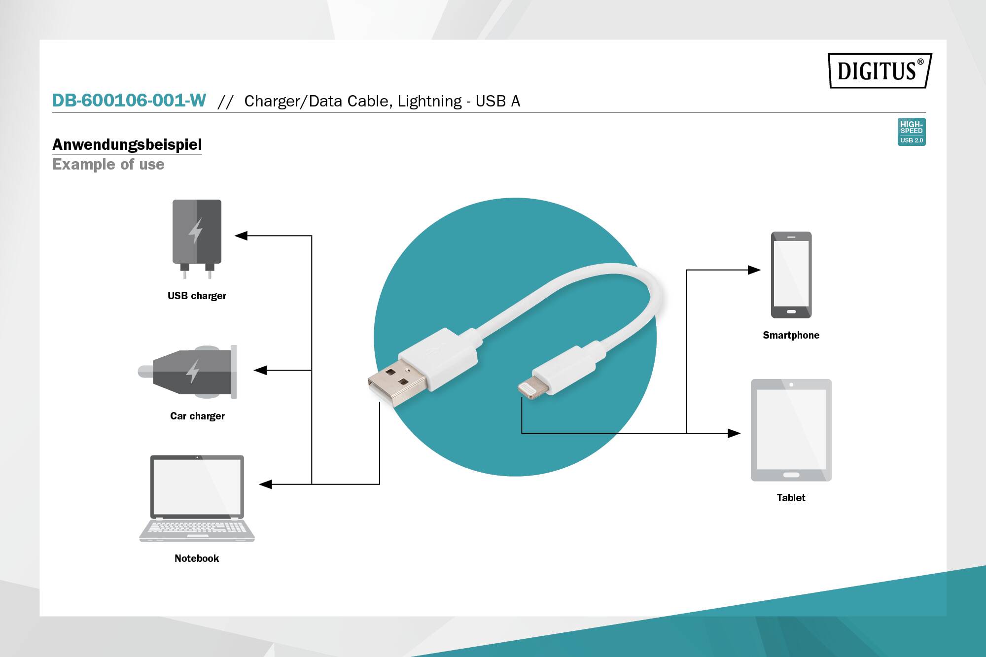 DIGITUS Adattatore da Lightning a cavo dati/di ricarica USB A, certificato MFI