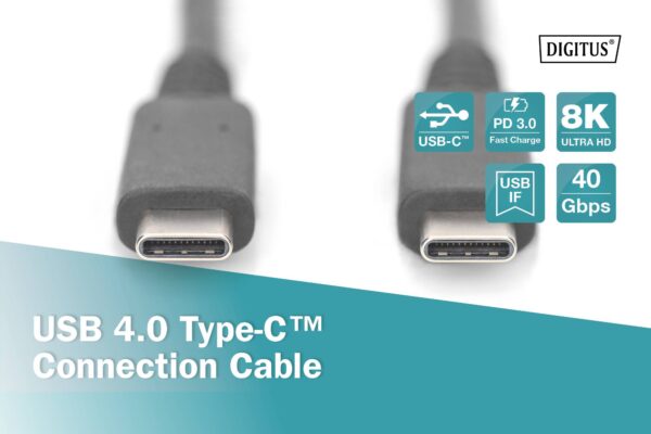 Cavo di collegamento USB 4.0, da Type-C a Type-C risoluzione max. 8K@30Hz, PD3.0, 40Gbits/s, 0,8m, DIGITUS