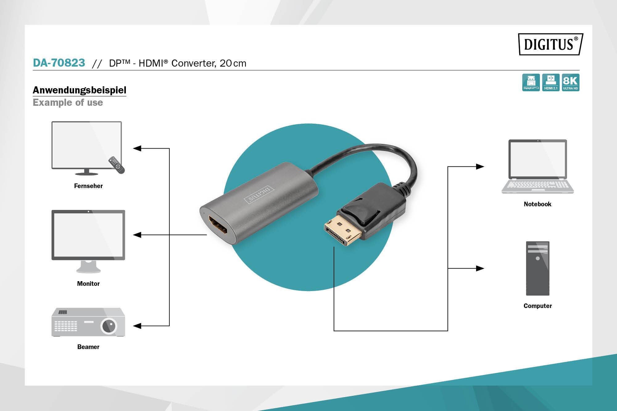 Convertitore Displayport – HDMI, 20 cm 8K/60Hz, grigio, alloggiamento in alluminio  DIGITUS