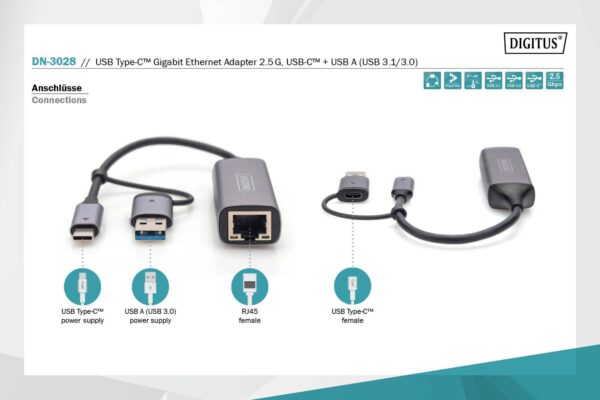 DIGITUS Adattatore Gigabit Ethernet USB Type-C 2.5G, USB-C + USB A (USB3.1/3.0)