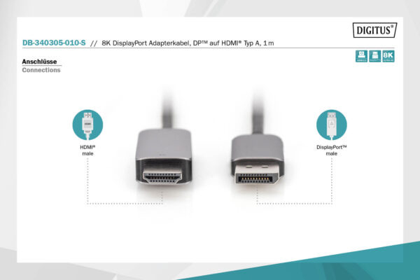 DIGITUS Cavo adattatore DisplayPort 8K, DP – HDMI tipo A mt 1
