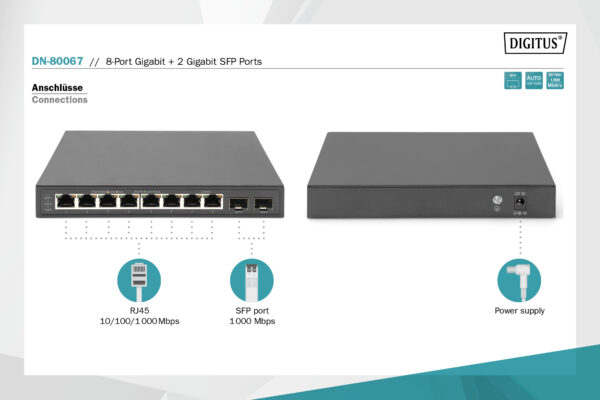 Switch 8-Porte Gigabit + 2 Gigabit SFP Ethernet, Unmanaged