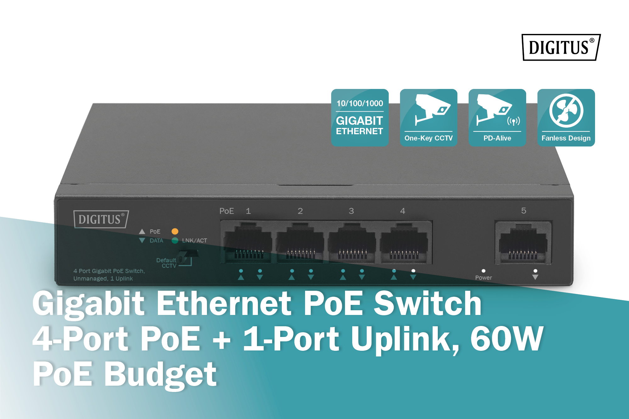 DIGITUS Switch 4 Porte Gigabit PoE Unmanaged, 1 Uplink
