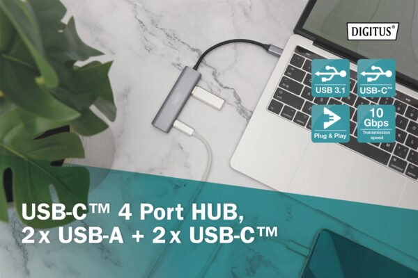 Hub USB-C 4 Porte, 2x USB A + 2x USB-C