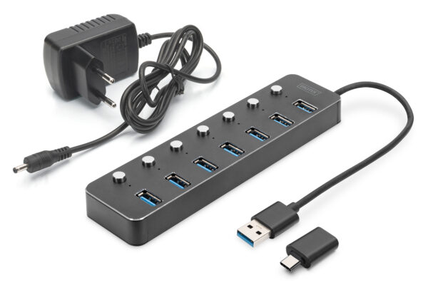 DIGITUS Hub USB 3.0, 7 porte, attivabile, alloggiamento in alluminio
