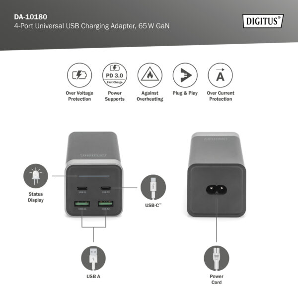 DIGITUS Adattatore di ricarica universale USB a 4 porte, 65W GaN