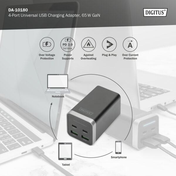 DIGITUS Adattatore di ricarica universale USB a 4 porte, 65W GaN