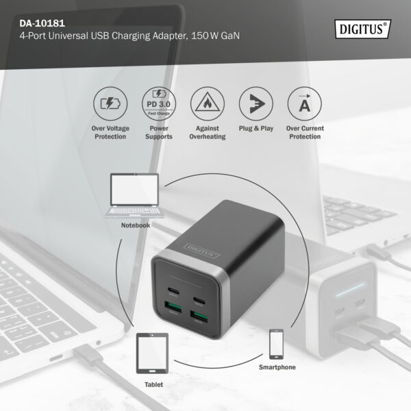 DIGITUS Adattatore di ricarica universale USB a 4 porte, 150W GaN
