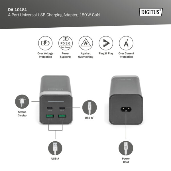 DIGITUS Adattatore di ricarica universale USB a 4 porte, 150W GaN