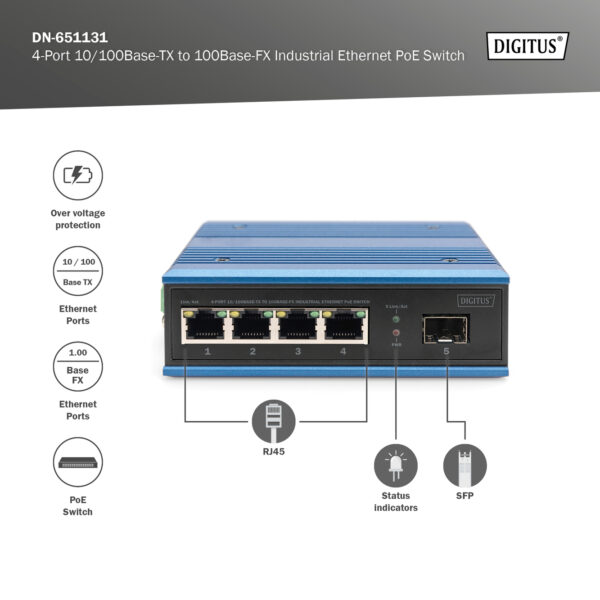 DIGITUS Switch PoE di rete Fast Ethernet a 4 porte, industriale, non gestito, 1 collegamento SFP