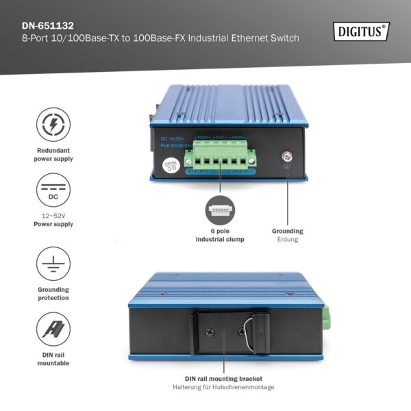 DIGITUS Switch di rete Fast Ethernet a 8 porte, industriale, non gestito, 1 Uplink SFP