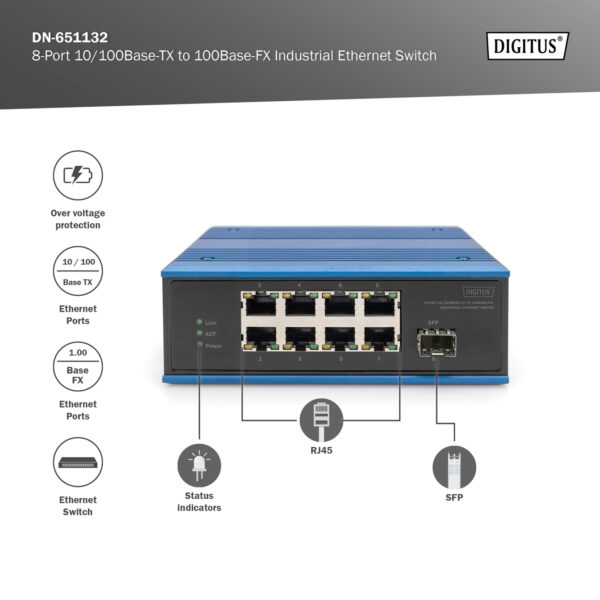DIGITUS Switch di rete Fast Ethernet a 8 porte, industriale, non gestito, 1 Uplink SFP