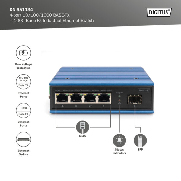 DIGITUS Switch di rete Gigabit Ethernet a 4 porte, industriale, non gestito, 1 Uplink SFP