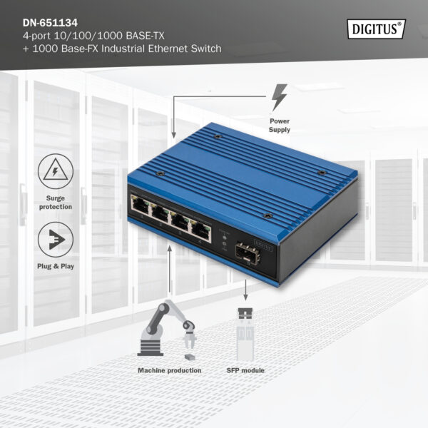 DIGITUS Switch di rete Gigabit Ethernet a 4 porte, industriale, non gestito, 1 Uplink SFP