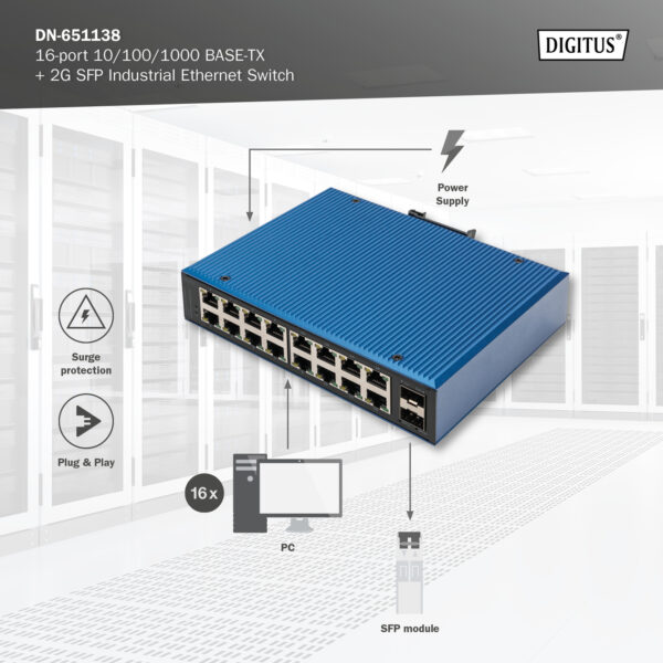 DIGITUS Switch di rete Gigabit Ethernet a 16 porte, industriale, non gestito, 2 Uplink SFP
