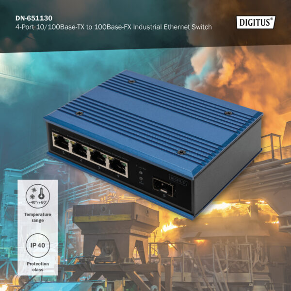 DIGITUS Switch di rete Fast Ethernet a 4 porte, industriale, non gestito, 1 Uplink SFP