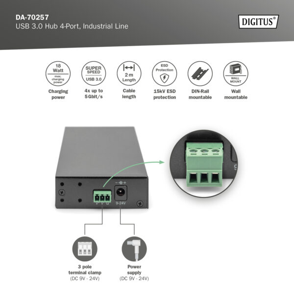 DIGITUS Hub USB 3.0, 4 porte, Industrial Line