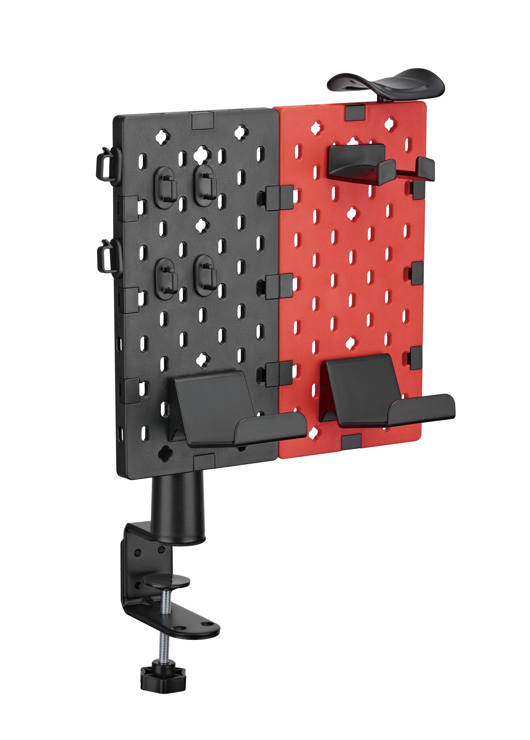 Supporto rosso nero da tavolo con morsetto per appendere dispositivi e accessori