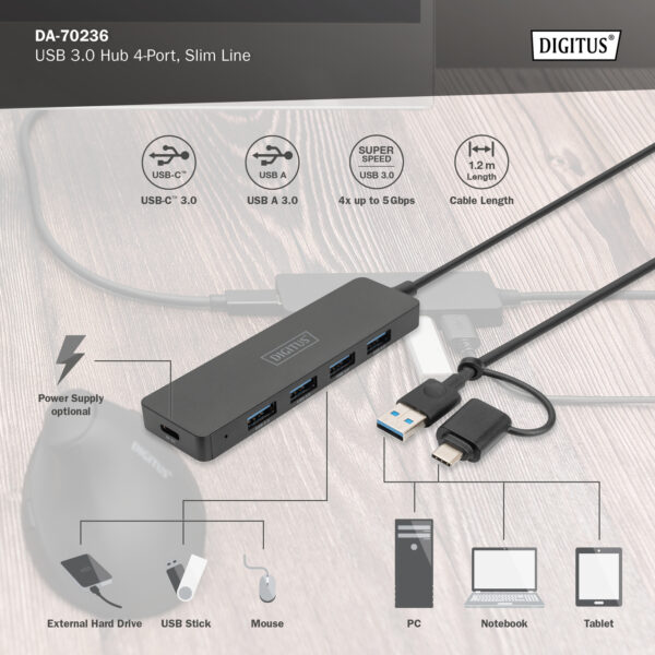 DIGITUS Hub USB 3.0, 4 porte, Slim Line