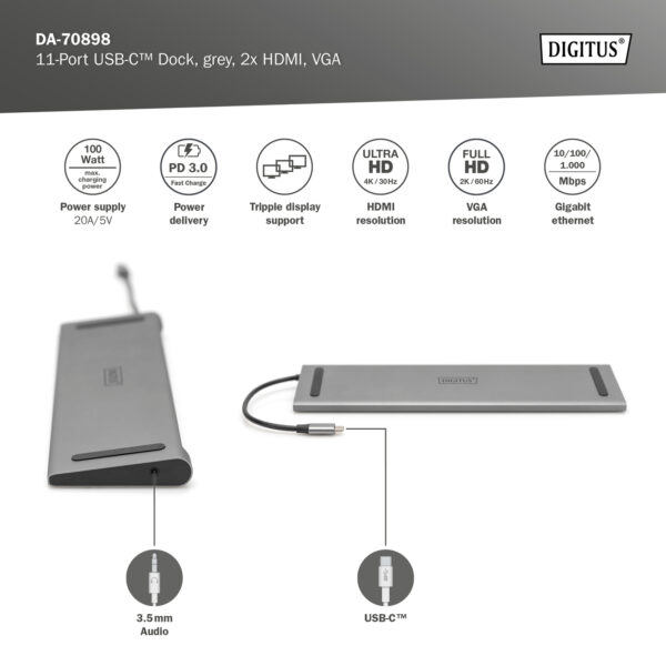 DIGITUS Dock USB-C 11 porte, grigio, 2x HDMI, VGA USB-C, 3x USB-A, RJ45, 1x 3,5mm, SD/microSD
